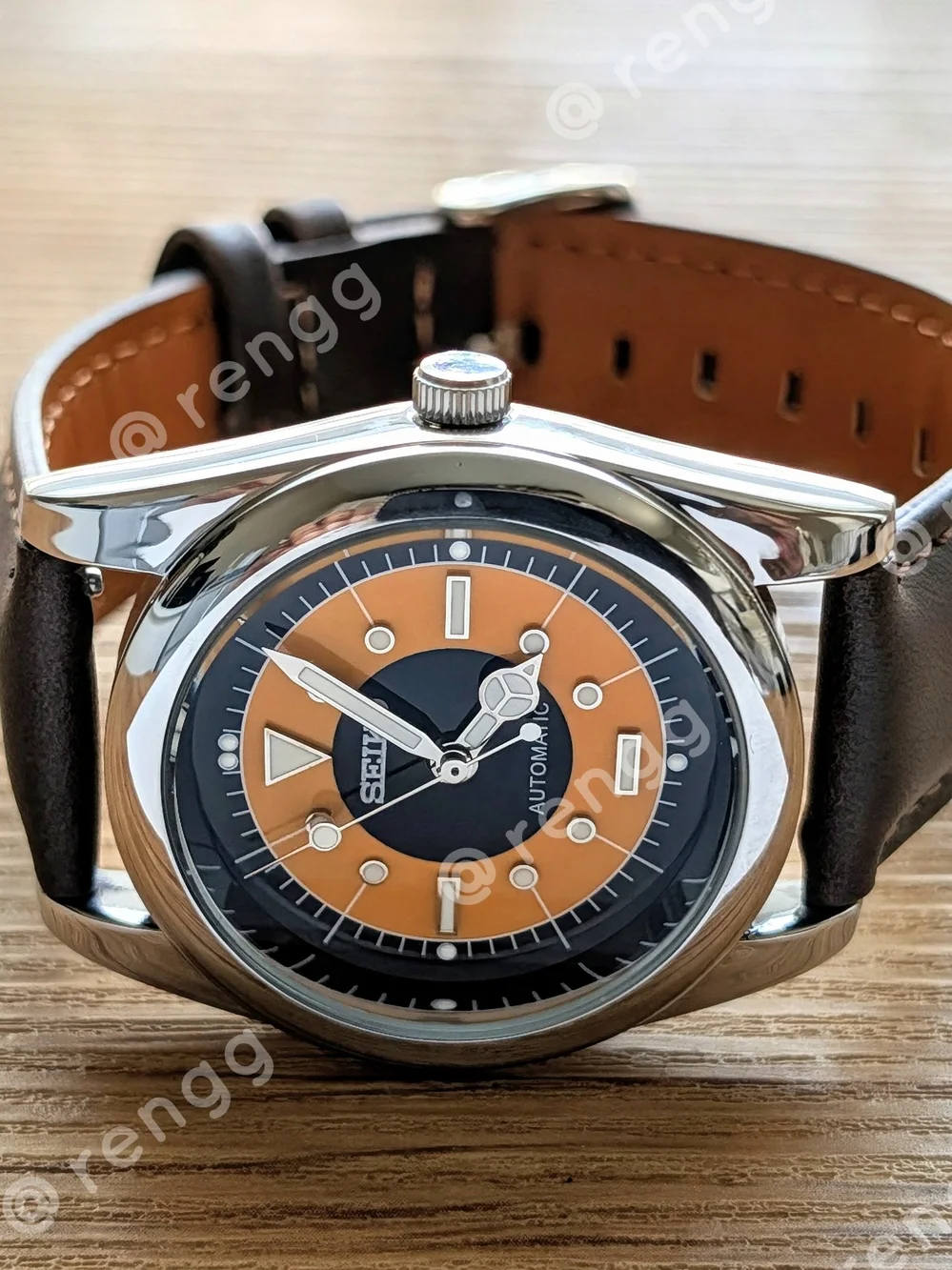 Seiko Orange & Black THE EYE Leather Strap Watch Smooth Sweep Second